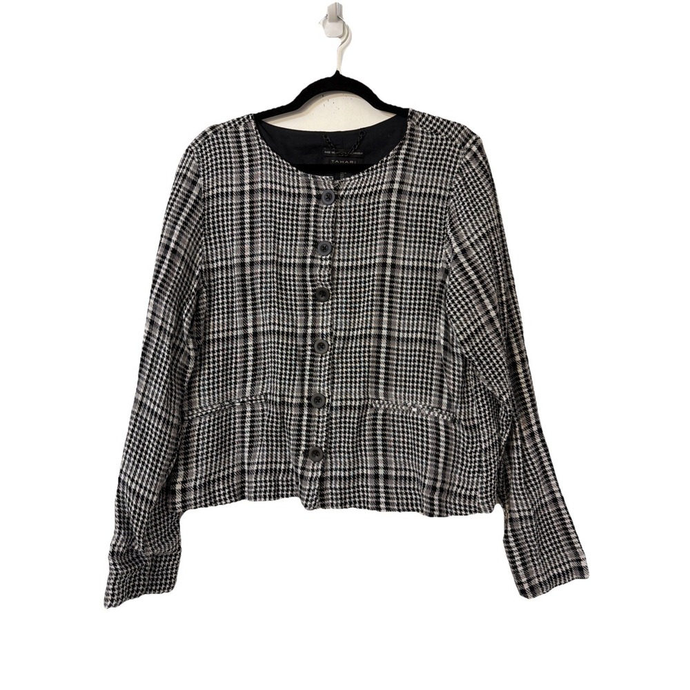 Tahari 100% Linen Jacket Blazer Cardigan Sz L Black White Checkered Button Front
